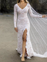 Long Sleeves Mermaid V Neck Lace Wedding Dresses with Slit-showprettydress