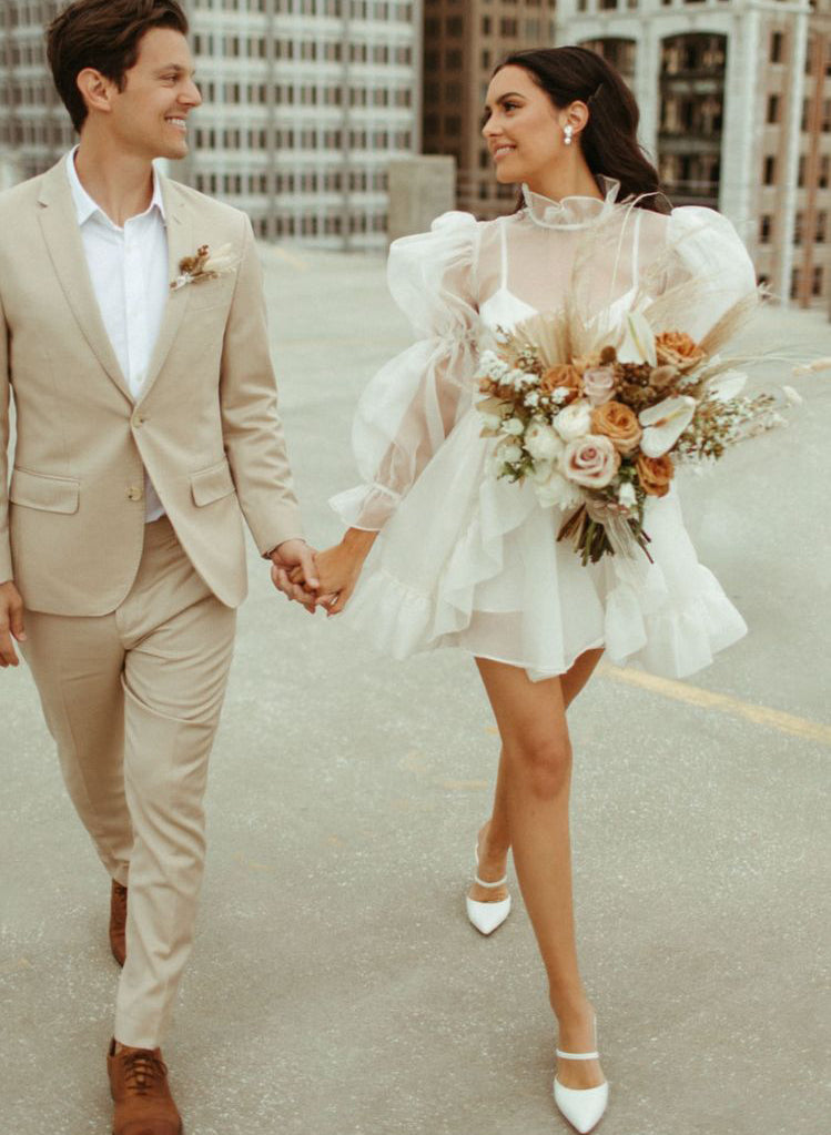 Long Sleeves Mini White Short Summer Wedding Dresses-Showprettydress