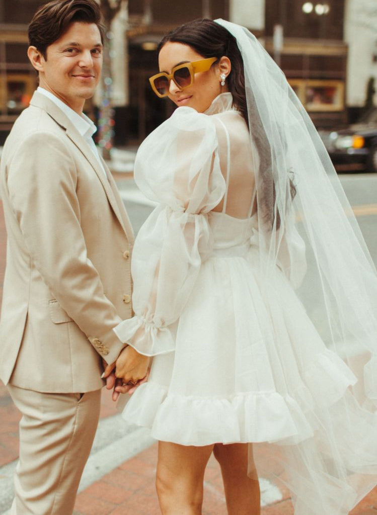 Long Sleeves Mini White Short Summer Wedding Dresses-Showprettydress
