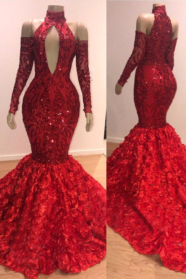 Long Sleeves Modest Halter Mermaid Prom Dress Sequins Long Red-showprettydress