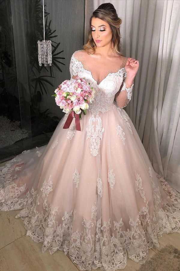 Long Sleeves Princess Off-the-shoulder Tulle Floral Lace Appliques Wedding Dress-showprettydress