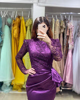 Long Sleeves Purple Mermaid Evening Gown with Lace Appliques-showprettydress