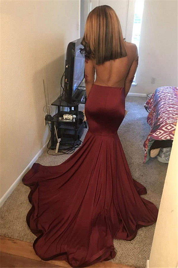 Long Sleeves Round Collar Mermaid Prom Dress Burgundy Applique Long Chiffon-showprettydress