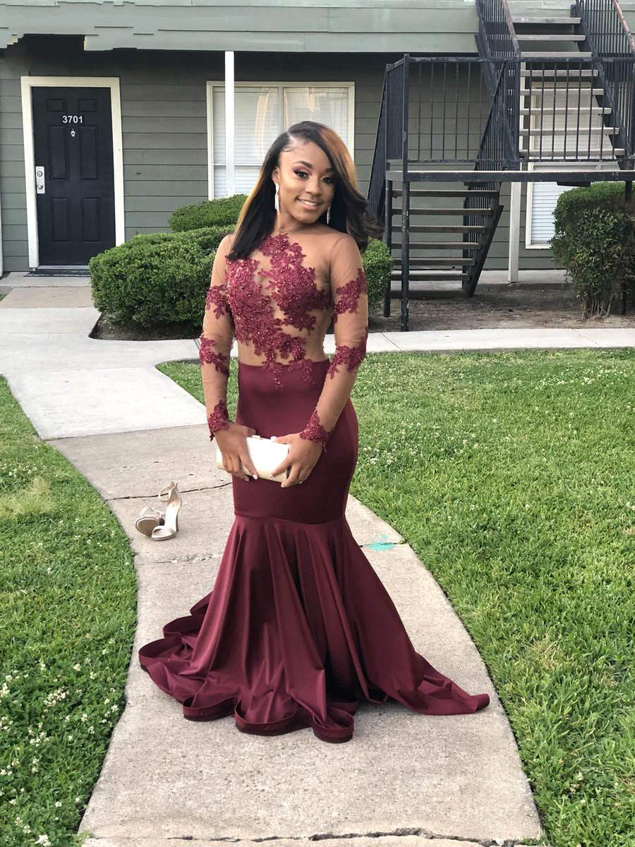 Long Sleeves Round Collar Mermaid Prom Dress Burgundy Applique Long Chiffon-showprettydress