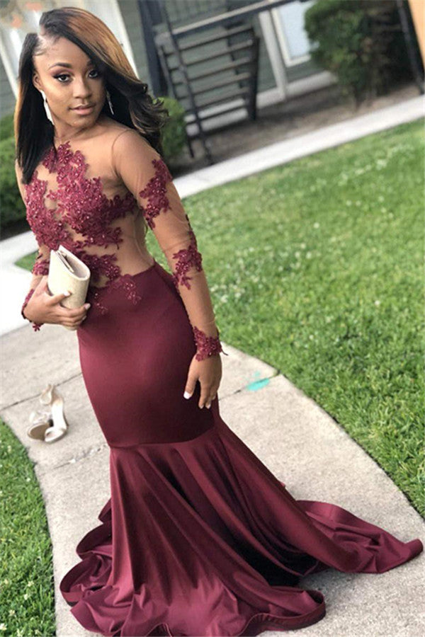 Long Sleeves Round Collar Mermaid Prom Dress Burgundy Applique Long Chiffon-showprettydress
