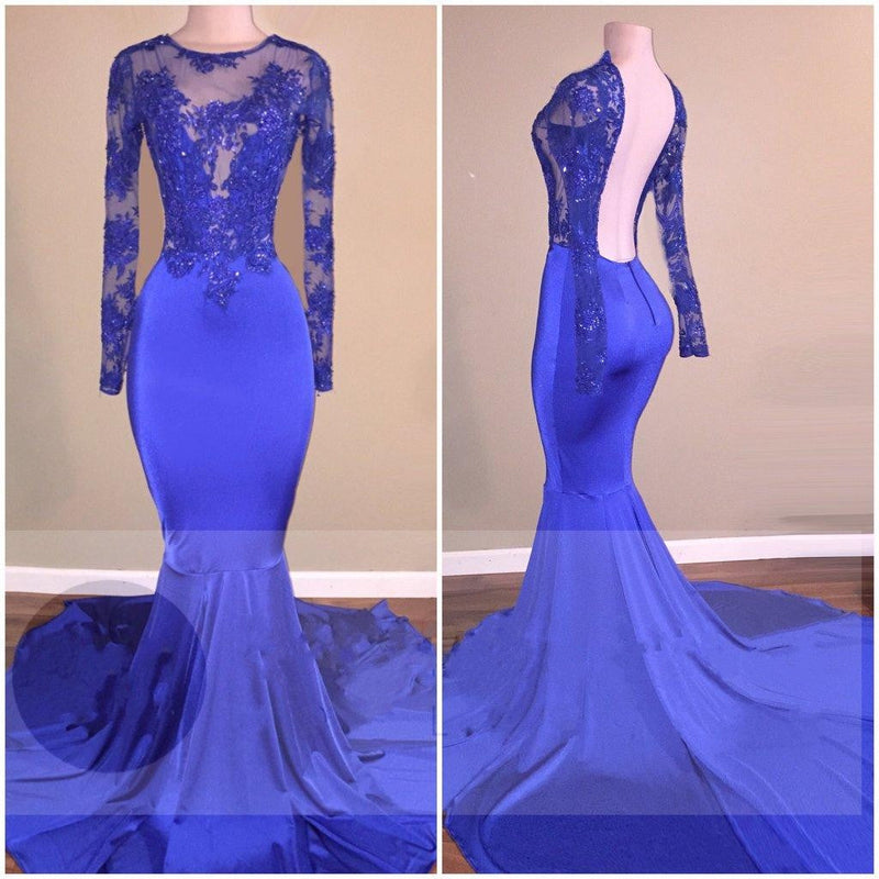 Long Sleeves Round Collar Mermaid Prom Dress Royal Blue Applique Long Chiffon-showprettydress