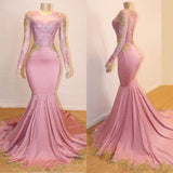 Long Sleeves Round Collar Mermaid Prom Dress Sequins Pink Long Chiffon-showprettydress