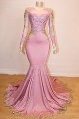 Long Sleeves Round Collar Mermaid Prom Dress Sequins Pink Long Chiffon-showprettydress