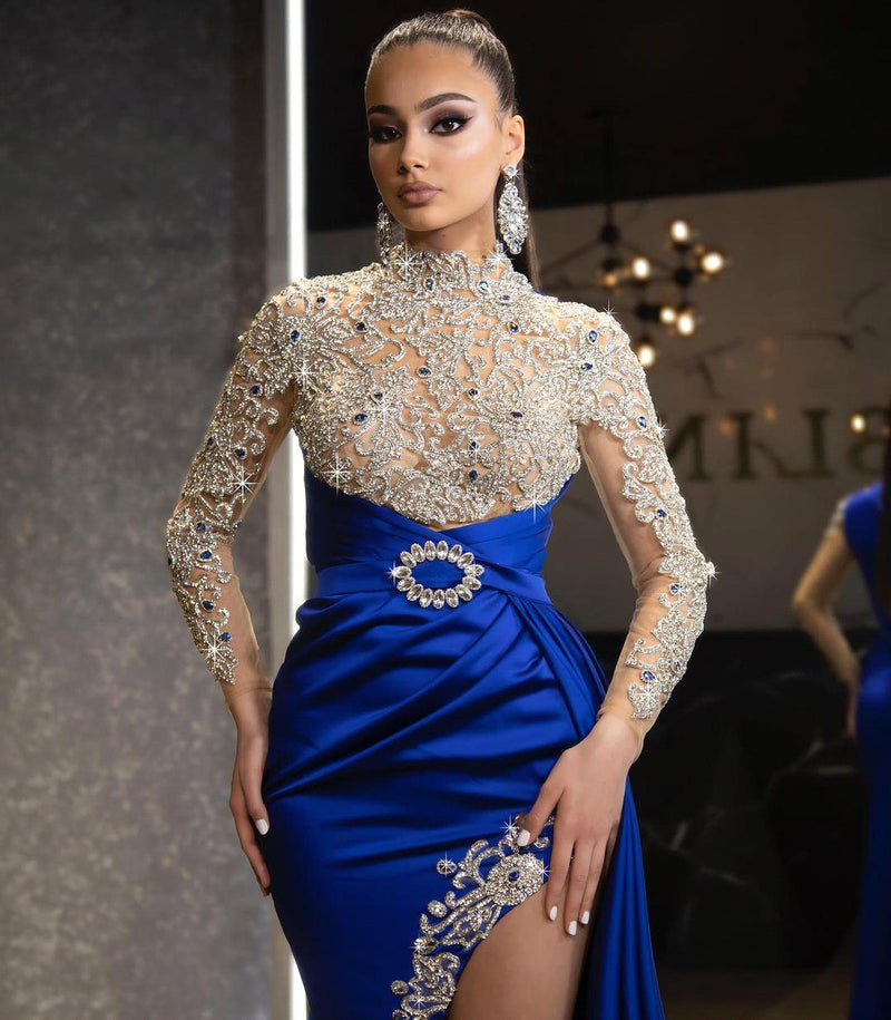 Long sleeves Royal blue High split Sparkle beaded Prom Dresses-showprettydress