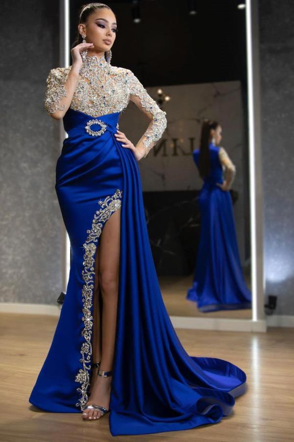 Long sleeves Royal blue High split Sparkle beaded Prom Dresses-showprettydress
