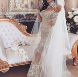 Long Sleeves Silver High Neck Popular Evening Dress Lace Mermaid Luxurious Wedding Dresses-showprettydress