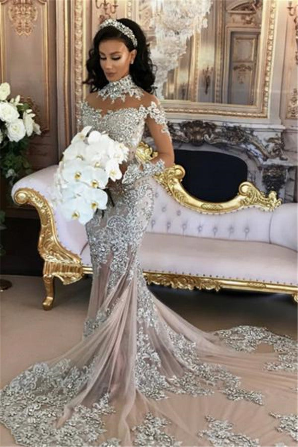 Long Sleeves Silver High Neck Popular Evening Dress Lace Mermaid Luxurious Wedding Dresses-showprettydress