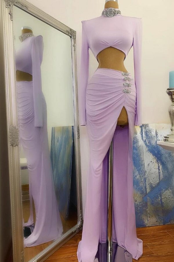 Long Sleeves Small Round Collar Prom Dress Purple Beaded Long Chiffon-showprettydress