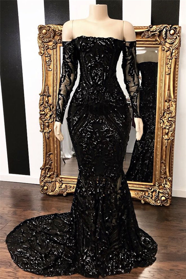 Long Sleeves Strpless Mermaid Prom Dress Black Sequins Long-showprettydress