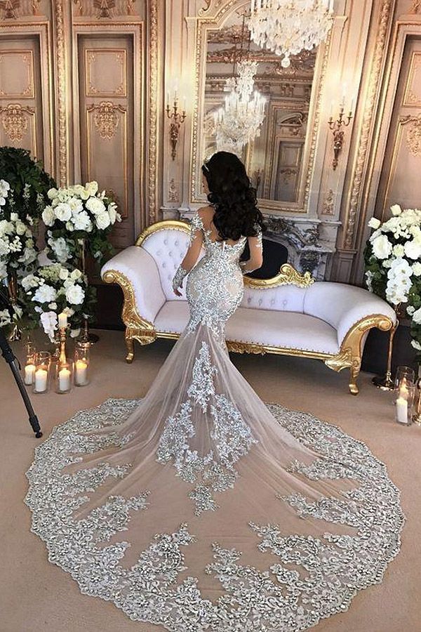 Long Sleeves Tulle High Neck Appliques Lace Wedding Dresses with Detachable Overskirt-showprettydress