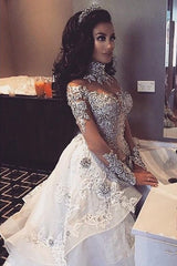 Long Sleeves Tulle High Neck Appliques Lace Wedding Dresses with Detachable Overskirt-showprettydress