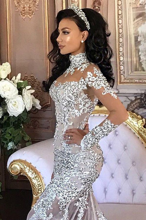 Long Sleeves Tulle High Neck Appliques Lace Wedding Dresses with Detachable Overskirt-showprettydress
