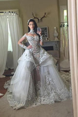Long Sleeves Tulle High Neck Appliques Lace Wedding Dresses with Detachable Overskirt-showprettydress