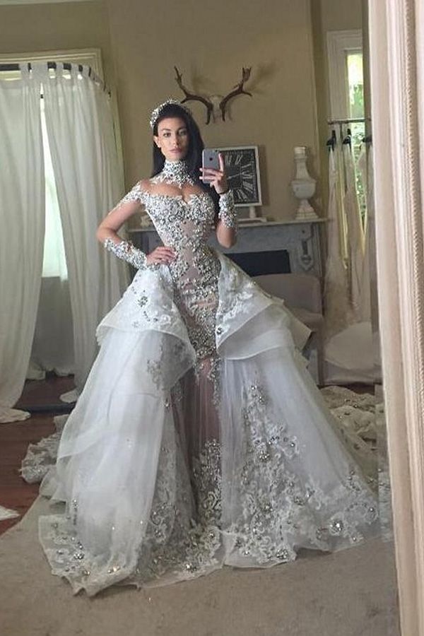 Long Sleeves Tulle High Neck Appliques Lace Wedding Dresses with Detachable Overskirt-showprettydress