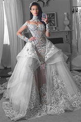 Long Sleeves Tulle High Neck Appliques Lace Wedding Dresses with Detachable Overskirt-showprettydress