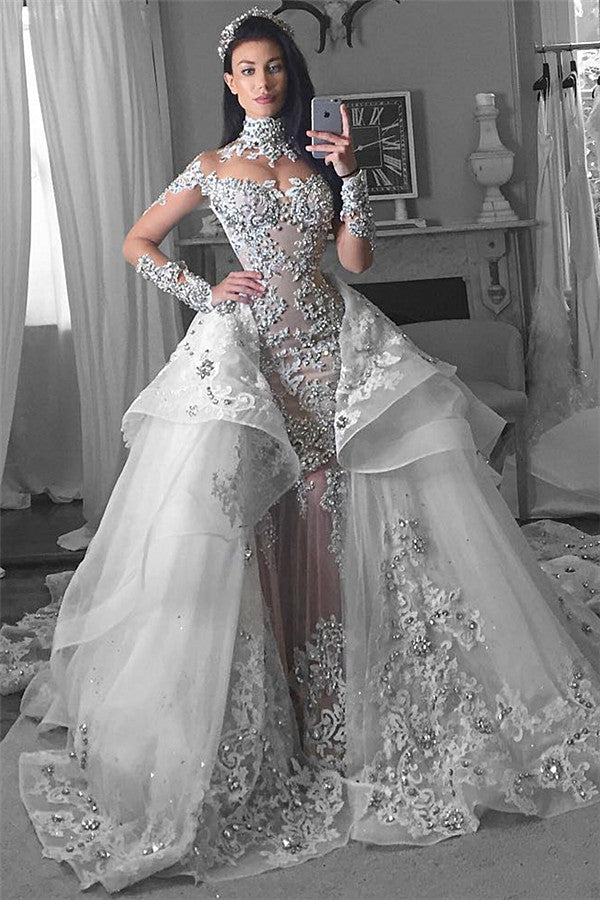 Long Sleeves Tulle High Neck Appliques Lace Wedding Dresses with Detachable Overskirt-showprettydress