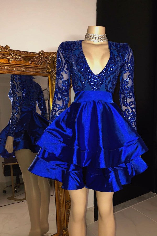 Long Sleeves V-Neck Lace Prom Dress Sequins Blue Short-showprettydress