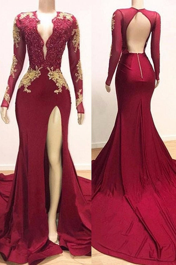 Long Sleeves V-neck Mermaid Prom Dress Red Sequins Long Chiffon-showprettydress