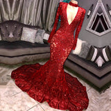 Long Sleeves V-neck Mermaid Prom Dress Sequins Long Chiffon Red Royal Blue-showprettydress