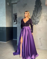 Long Sleeves V-Neck Sequins Prom Dress Long With Slit Online-showprettydress