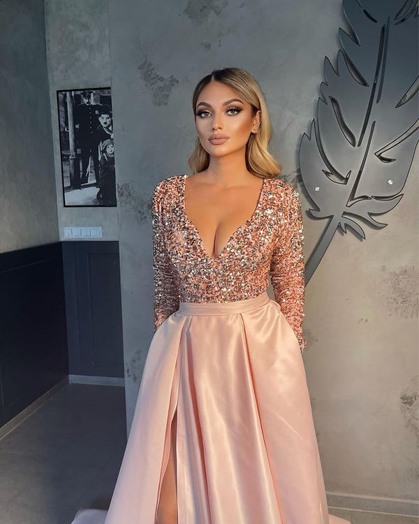 Long Sleeves V-Neck Sequins Prom Dress Long With Slit Online-showprettydress