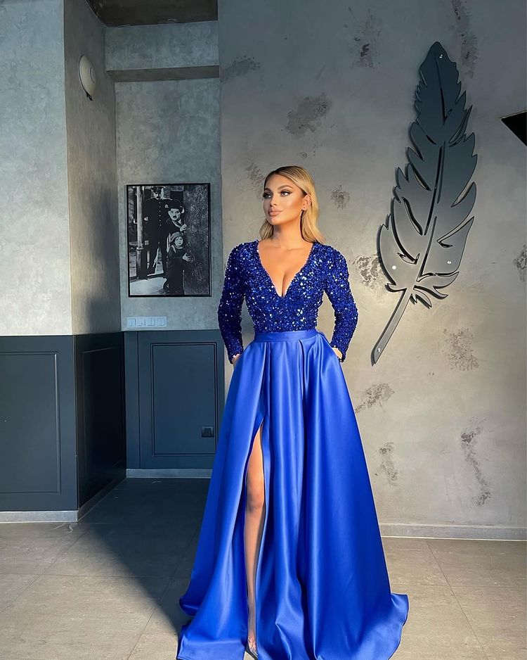 Long Sleeves V-Neck Sequins Prom Dress Long With Slit Online-showprettydress