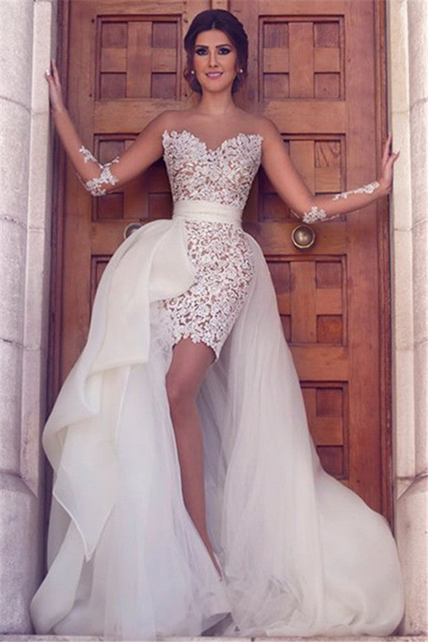 Long Sleeves Wedding Dress with Detachable Train Latest Short Lace Bridal Gown-showprettydress