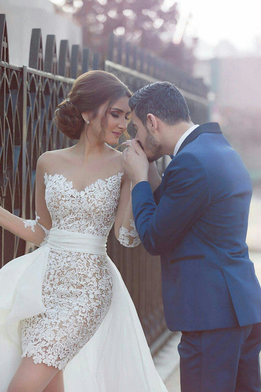 Long Sleeves Wedding Dress with Detachable Train Latest Short Lace Bridal Gown-showprettydress