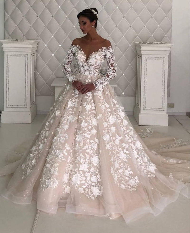 Long Sleevess A line Lace Designer wedding dresses with sleeves-showprettydress