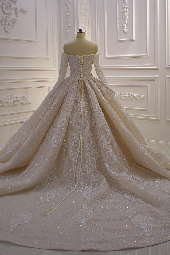 Long Sleevess Ball Gown Off the shoulder Sequins Wedding Dress-showprettydress