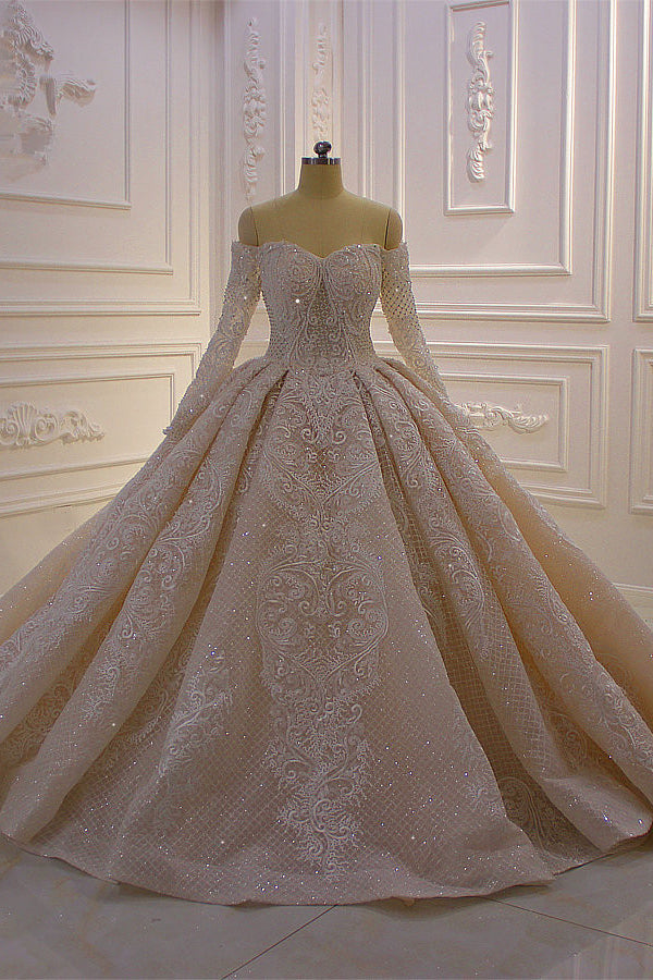 Long Sleevess Ball Gown Off the shoulder Sequins Wedding Dress-showprettydress