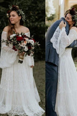 Long Sleevess Beach Beach Garden Tulle White Loose Wedding Dress-showprettydress