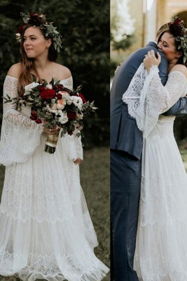Long Sleevess Beach Beach Garden Tulle White Loose Wedding Dress-showprettydress