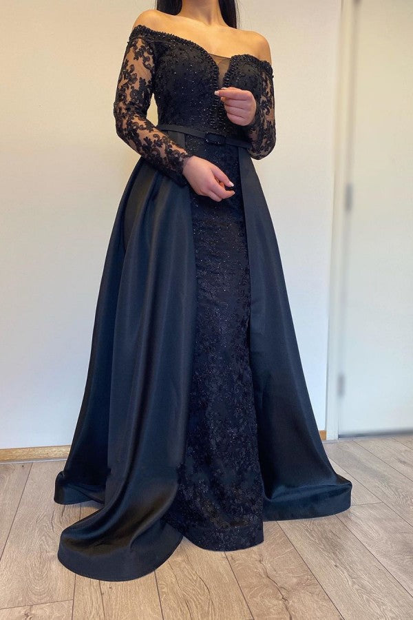 Long Sleevess Black A-line off-the-shoulder Evening Dresses-showprettydress