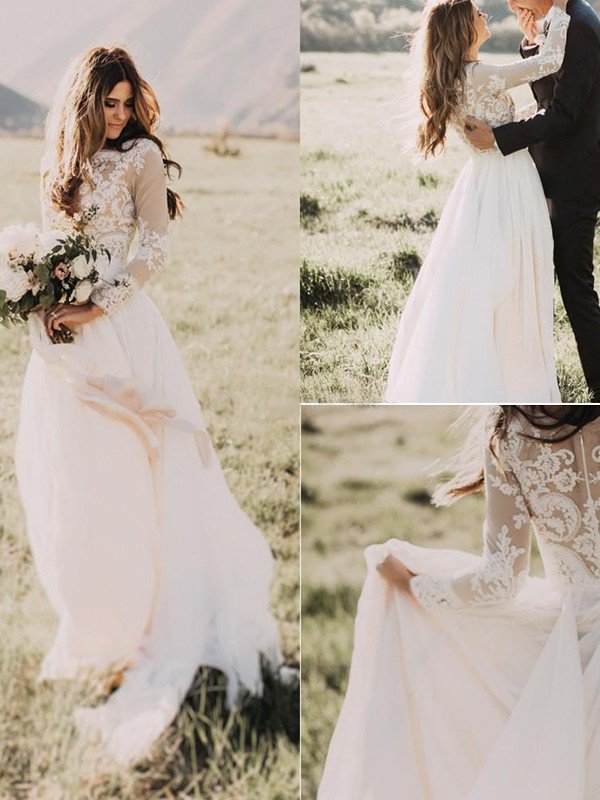 Long Sleevess Floor Length Applique Tulle A Line Scoop Wedding Dresses-showprettydress