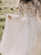 Long Sleevess Floor Length Applique Tulle A Line Scoop Wedding Dresses-showprettydress