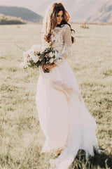 Long Sleevess Floor Length Applique Tulle A Line Scoop Wedding Dresses-showprettydress