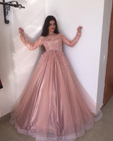 Long Sleevess Floral Blow Dusty Pink Ball Gown Tulle Prom Dresses-showprettydress