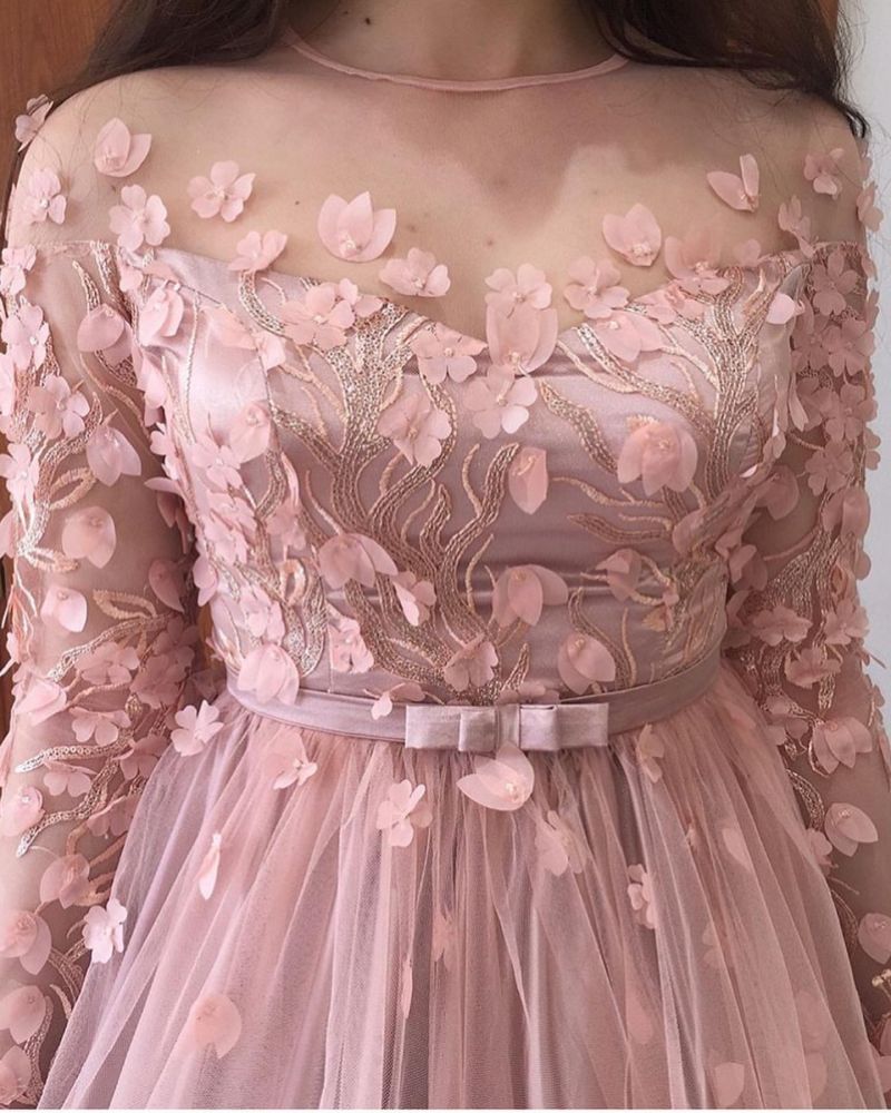 Long Sleevess Floral Blow Dusty Pink Ball Gown Tulle Prom Dresses-showprettydress