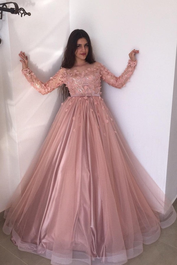 Long Sleevess Floral Blow Dusty Pink Ball Gown Tulle Prom Dresses-showprettydress
