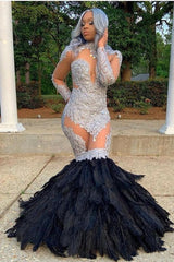 Long Sleevess Lace Appliques Illusion Fur Train Mermaid Silver Prom Dresses-showprettydress