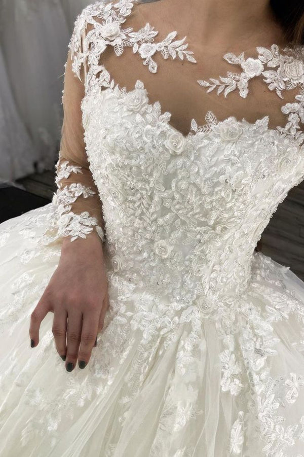 Long Sleevess Lace Appliques Tulle Wedding Gown White Garden Aline Spring Bridal Gown-showprettydress
