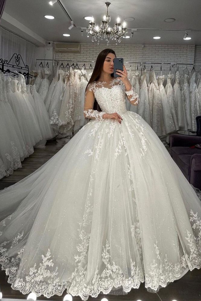 Long Sleevess Lace Appliques Tulle Wedding Gown White Garden Aline Spring Bridal Gown-showprettydress