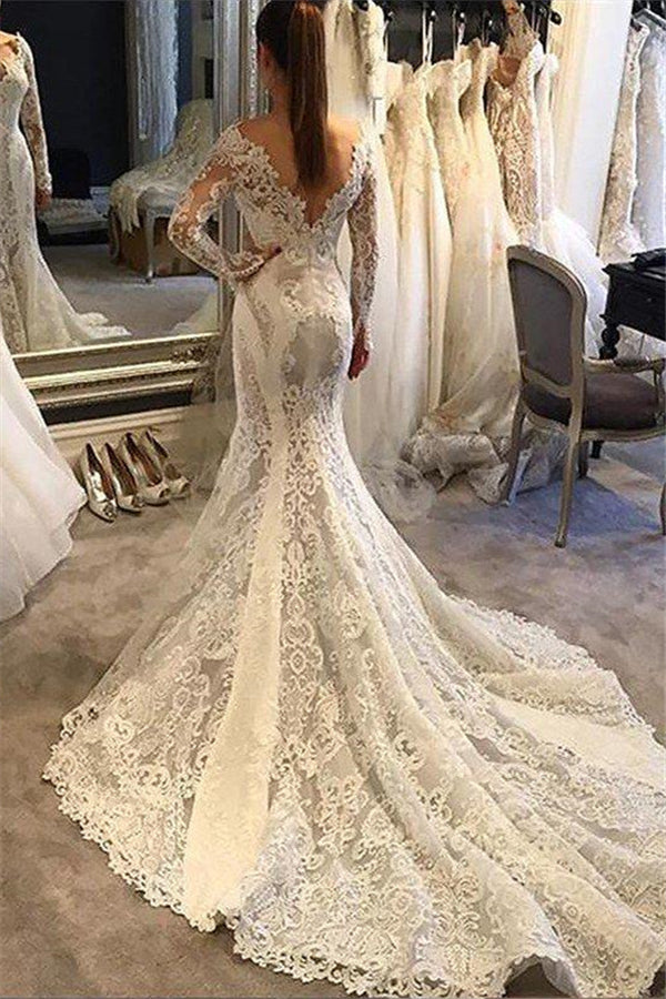 Long Sleevess Lace Mermaid Court Train V neck Wedding Dresses-showprettydress