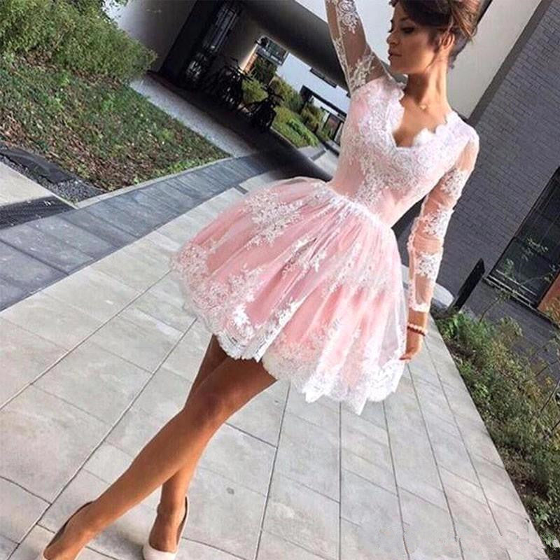 Long Sleevess Lace Pink Back to school V-neck Puffy Homecoming Dress-showprettydress